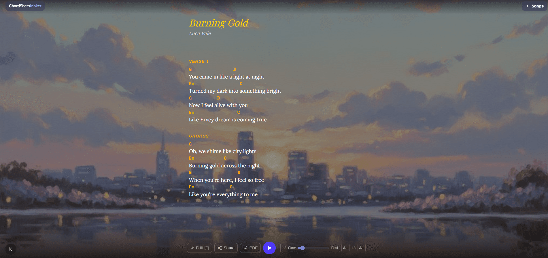 Burning Gold chord sheet styled in ChordSheetMaker with AI background