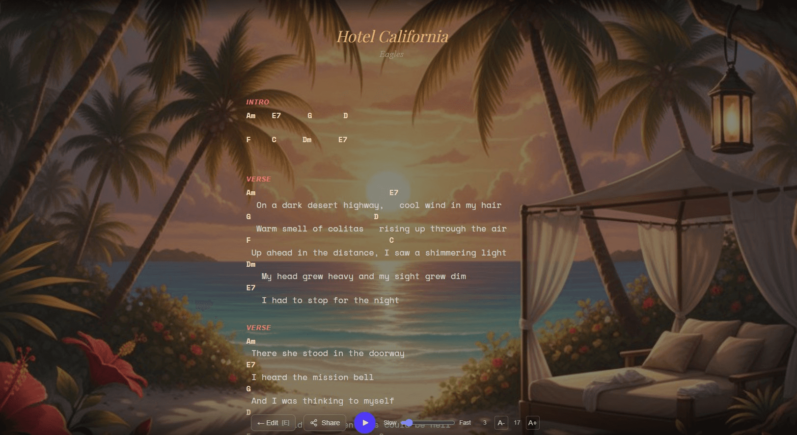 Hotel California by Eagles — example chord sheet